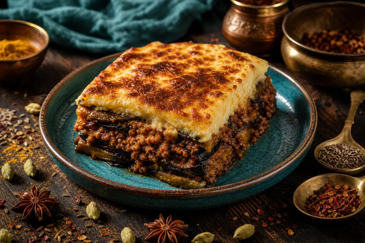 Gr&aelig;sk moussaka med aubergine og cremet bechamel