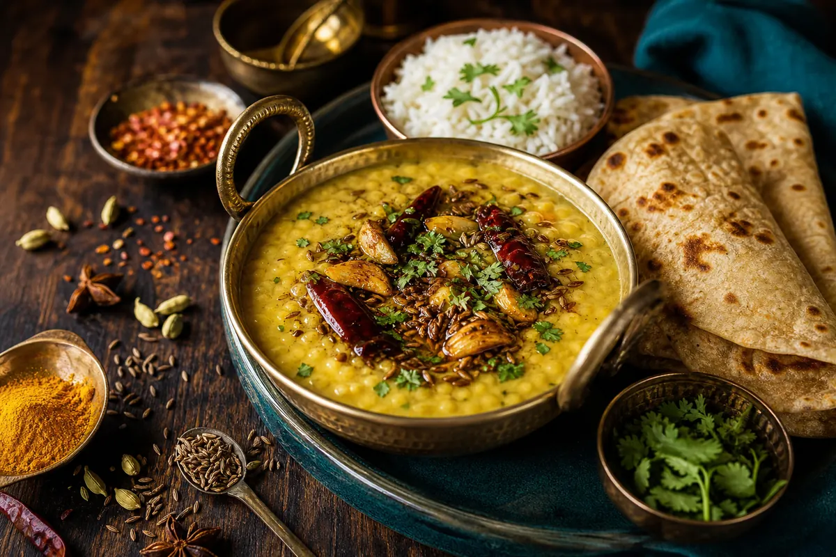 Indisk linsedal med krydret sm&oslash;rtopping (dal tadka)