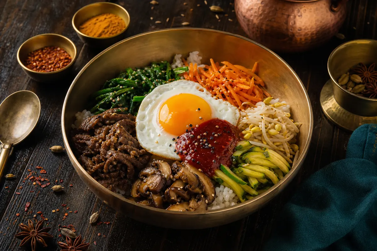 Koreansk rissk&aring;l med gr&oslash;ntsager, gochujang og spejl&aelig;g (bibimbap)