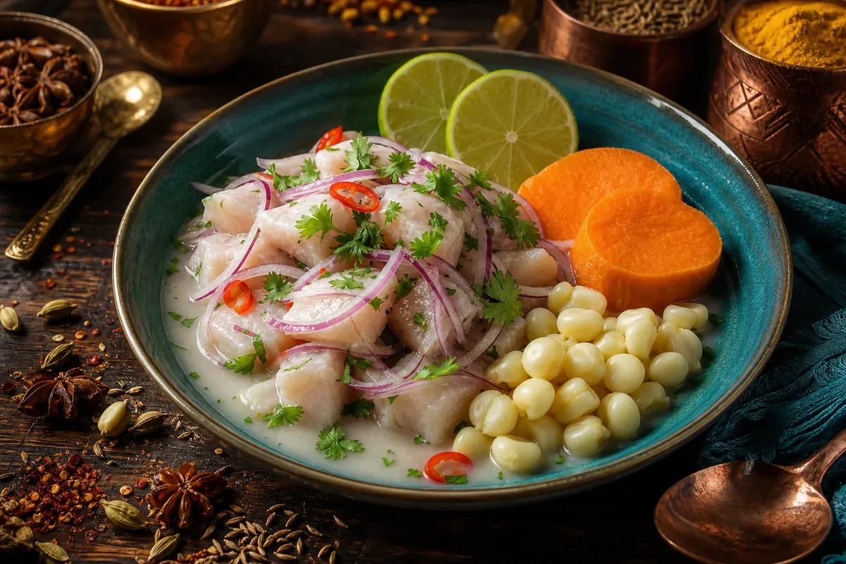 Peruviansk ceviche med tigerm&aelig;lk, r&oslash;dl&oslash;g og s&oslash;d kartoffel