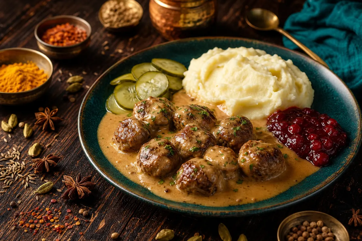 Svenske k&oslash;dboller med fl&oslash;desauce og tytteb&aelig;r (k&ouml;ttbullar)