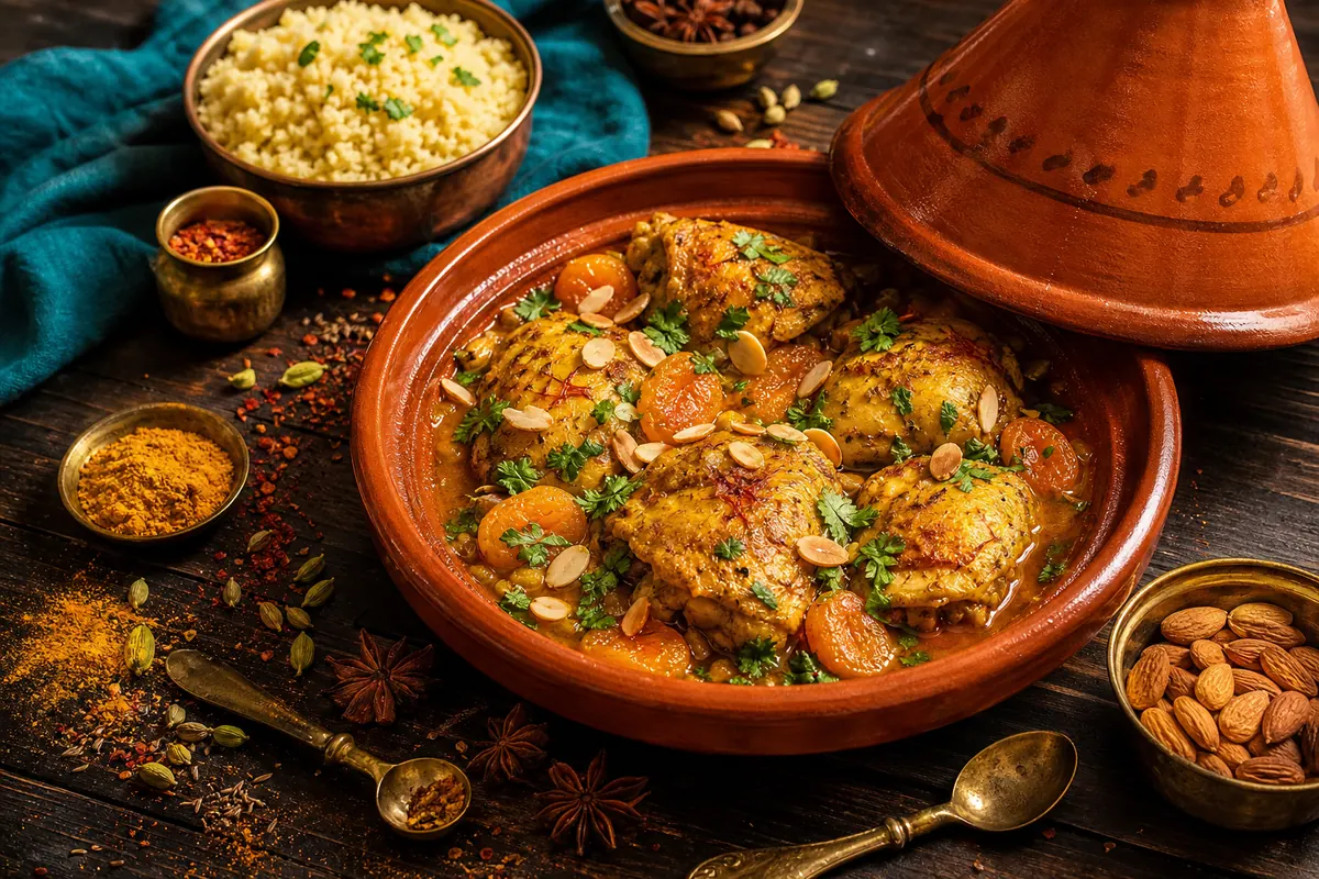 Marokkansk tagine med kylling, abrikoser og mandler